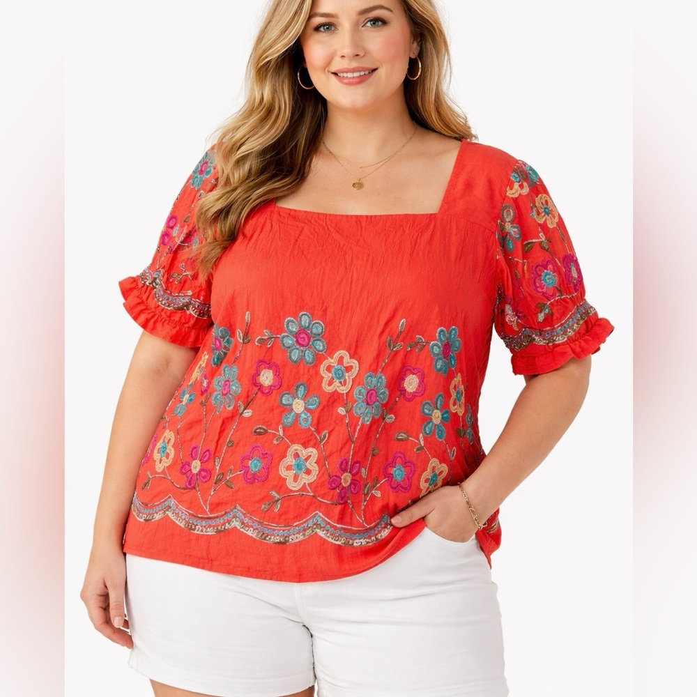 Parami Design Embroidered Floral Blouse 2X Square Neck Puff Sleeve Boho